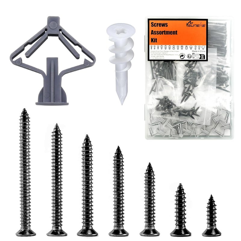 SUNEKE Drywall Anchors & Screws Assortment Kit 170PCS, 30 Plastic Wall Anchors & 140 6# Phosphate Philips Flat Head Screws with Organizer Box & 1 Phillips Cross Slot PH2#2 Long Screwdriver Bit - Image 1